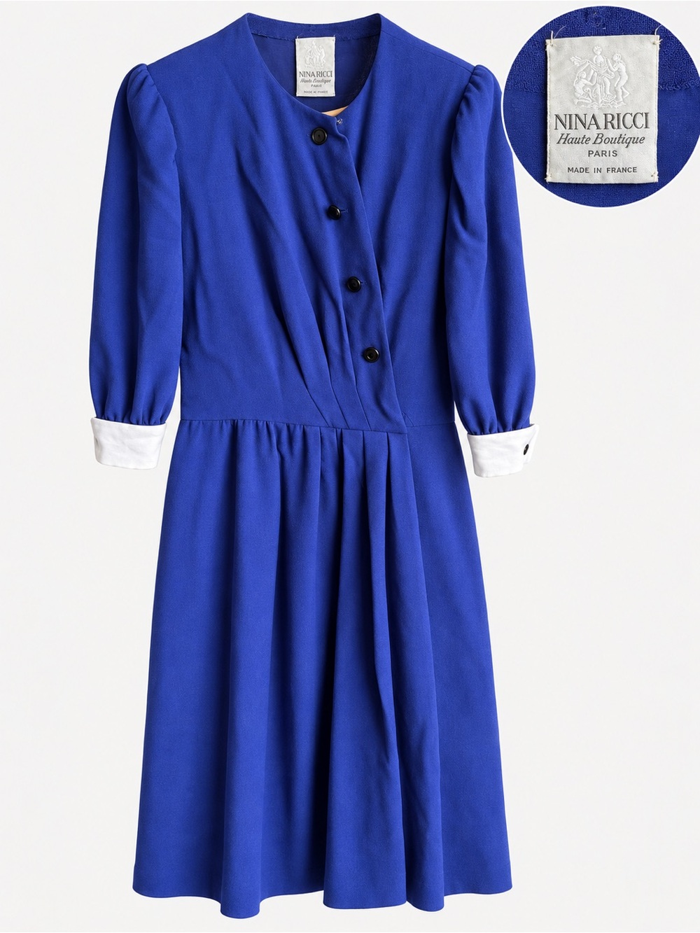 Vintage 1980s Nina Ricci Haute Boutique Paris Royal Blue Midi Dress Size S/M